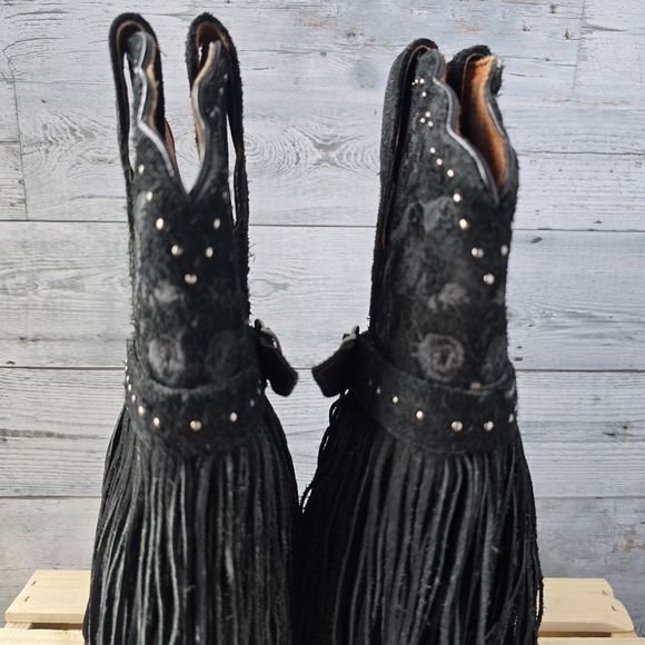 Dan Post Mid Calf Suede Leather Fringe Western Black Boots Size 6 - Picture 12 of 16